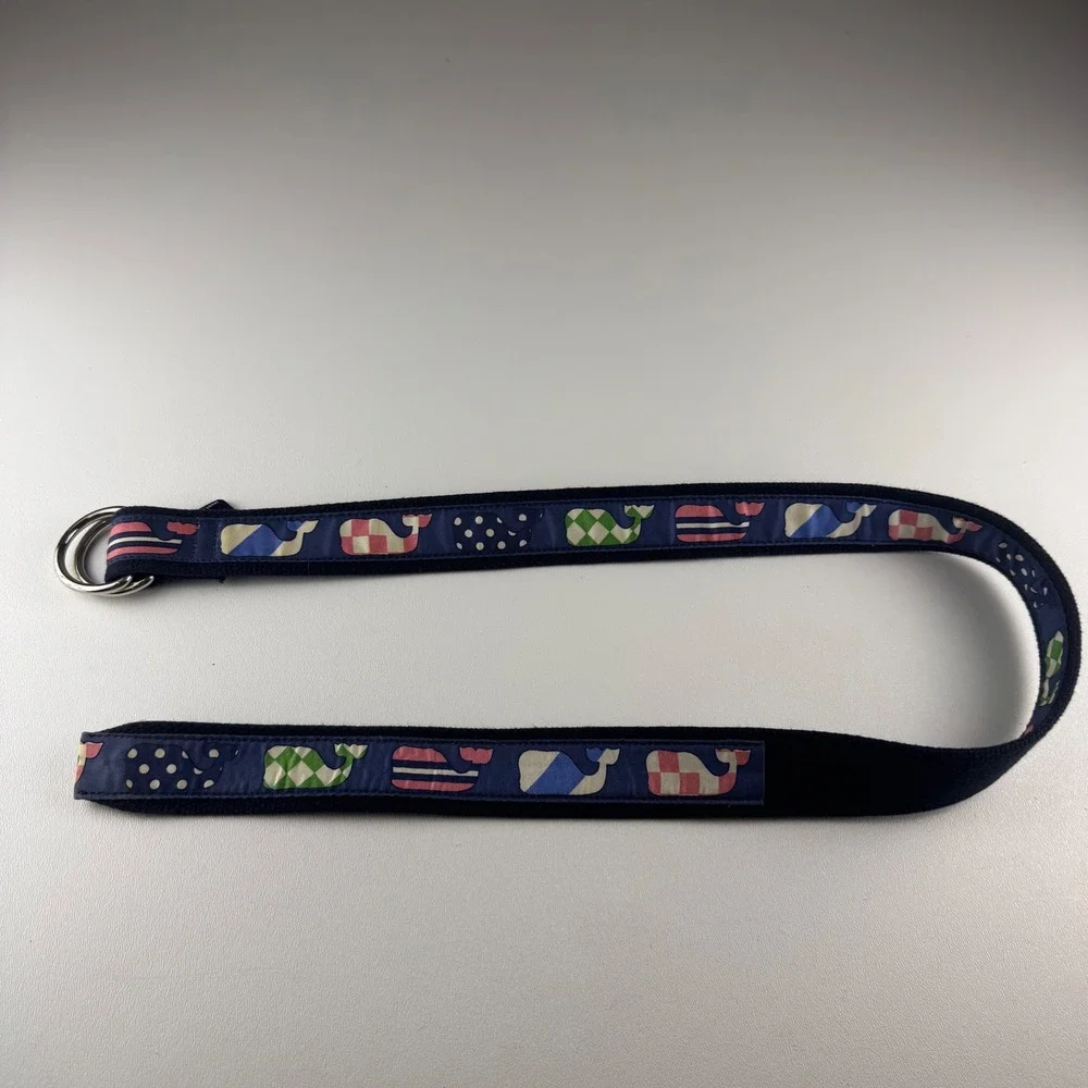 Vineyard Vines Navy Kids Whale Print Fabric Belt with Silver D-Rings